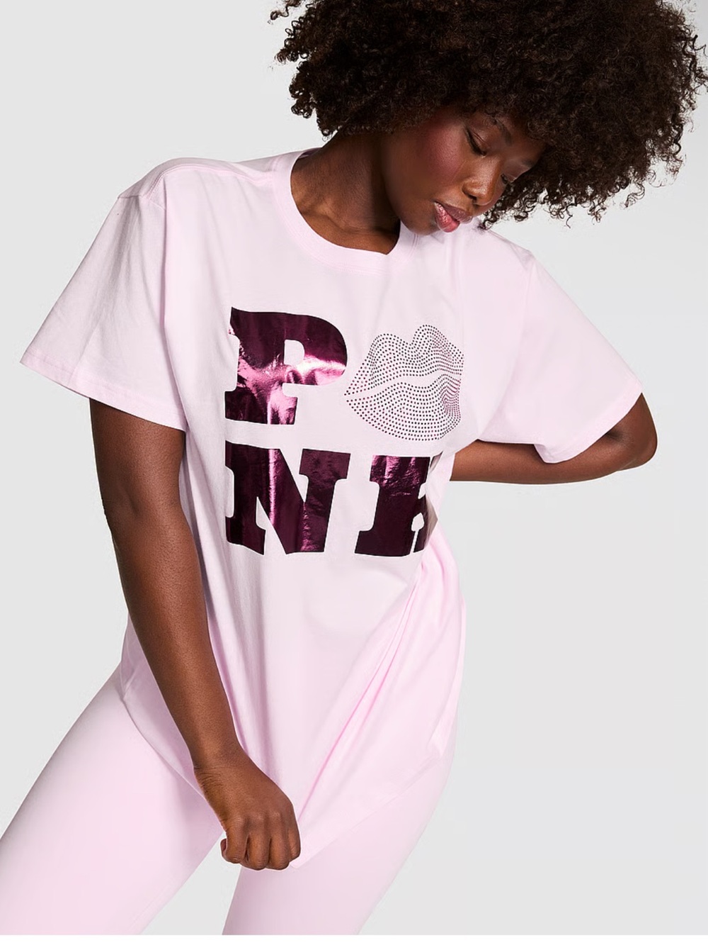 Victoria’s Secret PINK Campus Cotton Tee in Pink Tulip V-Day Rhinestone Kiss NEW